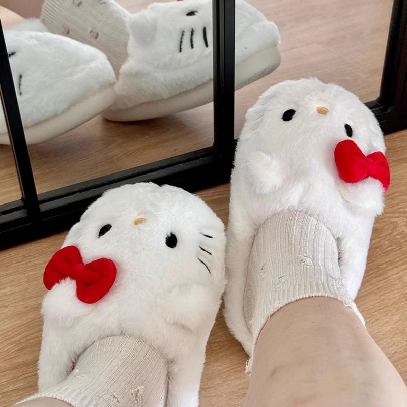 Sanrio Plush Slippers Hello Kitty Cute Student Plush Cotton Slipper Winter Warm Bedroom Soft Bedroom Aldult Shoes Girl Xmas Gift