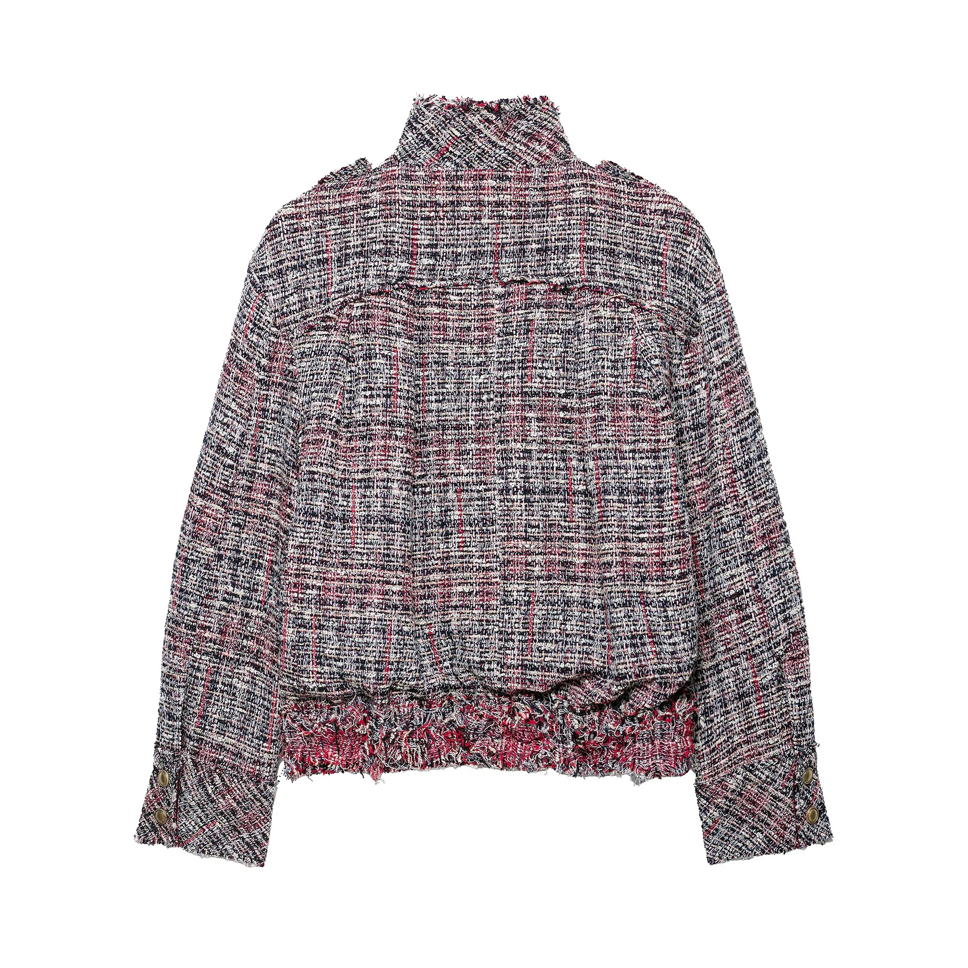 Autumn Women Mix Colored Long Sleeve Burr Tweed Weave Jackets Stand Collar Zipper Up Short Fringed Coat Charge Outerwear