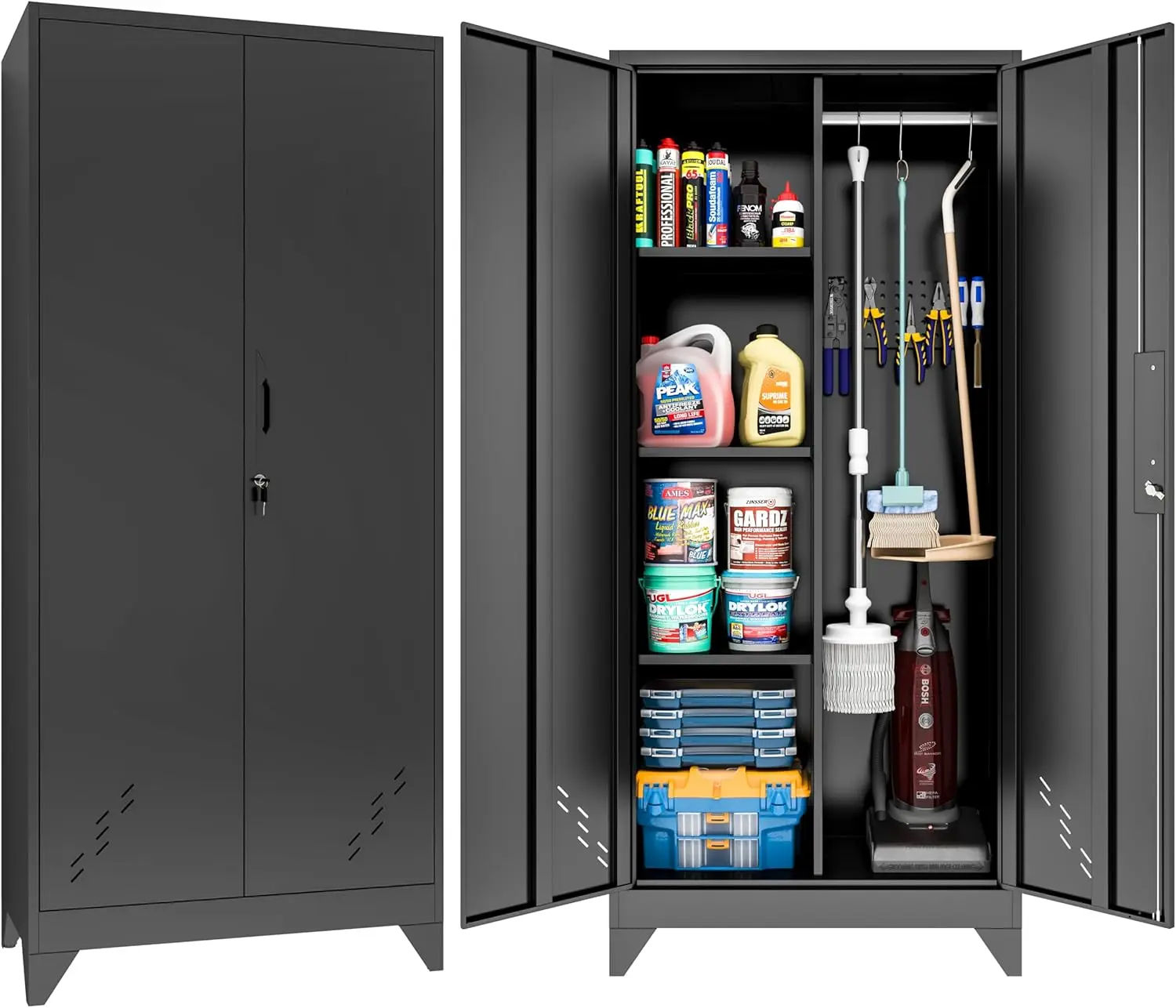 Metal Garage Storage Cabinets with Lock, Garage Storage Cabinet with Pegboard & Hanging Rod, Broom Closet Storage Cabinet