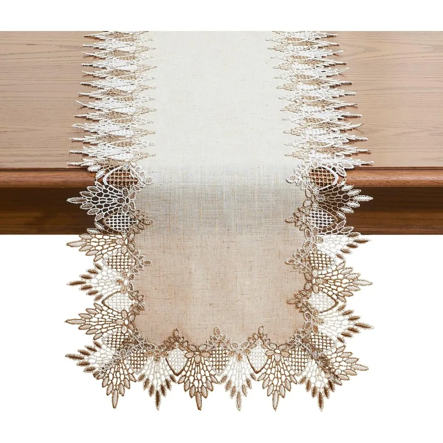 

Natural Linen Table Runner 60 inches Neutral Earth Tones Beige Lace Handcrafted Coffee Table Runners Dresser Scarf for Spring E