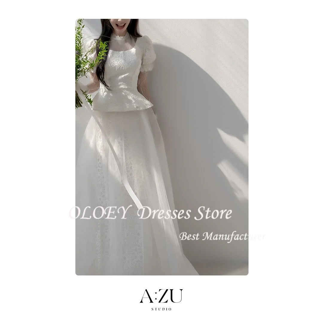 OLOEY – robe de mariée froncée, col rond, élégante, Simple, ligne a, manches bouffantes, ivoire, personnalisée