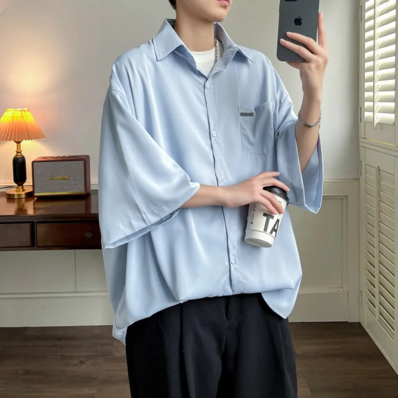 Summer Short Sleeved Shirt Men Society Mens Formal Dress Shirt Korean Loose Ice Silk Shirt Mens White Casual Shirts Large Size