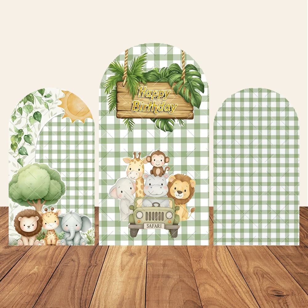 

Wild One Arch Backdrop Cover Safari Jungle Animals Green Leaves Happy Birthday Party Decor Baby Portrait Photographic Background