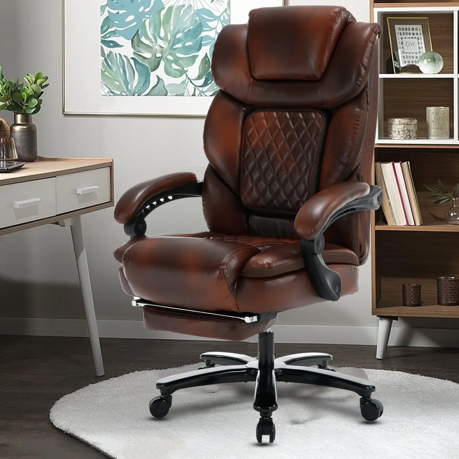 Big Tall Reclining Office Desk Chairs with Footrest Back Support Wide Seat PU Leather Ergonomic Recliner Managerial Executive Of