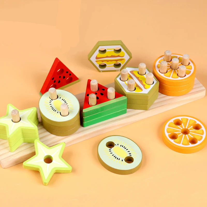Juego de juguetes cilíndricos apilables con forma y Color, juego creativo de reconocimiento de frutas y verduras para niños, juego a juego de agarre manual, 1 ud.