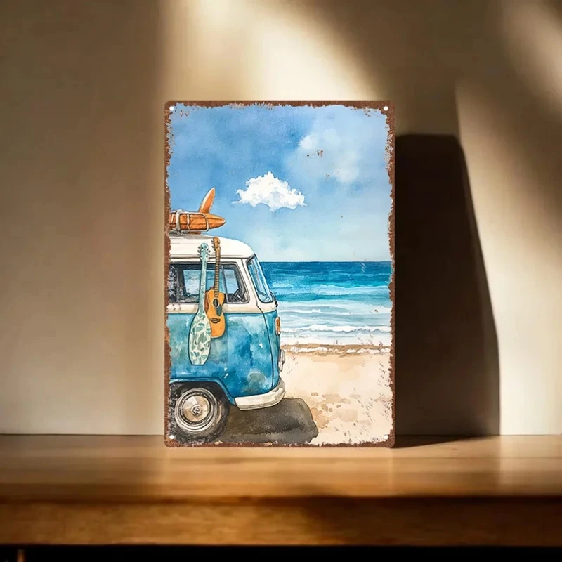 Vintage Beach Camper Van Metal Sign 20X30Cm Retro Surf Van Wall Decoration Iron Plaque Garage Bar Office