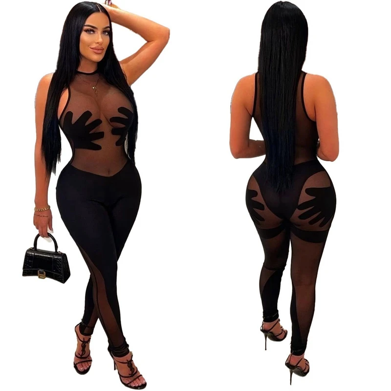 Sheer Mesh Patchwork See Through Jumpsuits Women Summer Sleeveless Black Patchwork Stretchy Skinny Romper Night Party Bodysuit