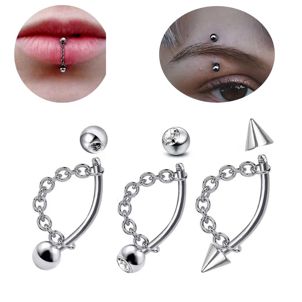 Набор из 2 предметов: элегантные кольца для губ и бровей из нержавеющей стали с цепочкой со стразами для повседневного ношения, ювелирные изделия для пирсинга, серьги-гвоздики