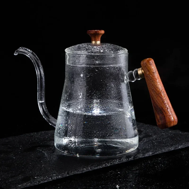 600ml Glass Coffee Pot With wooden handle Goose Beak Kettles Gooseneck Kettle Hand Drip Kettle Accessories Teapot Accessories