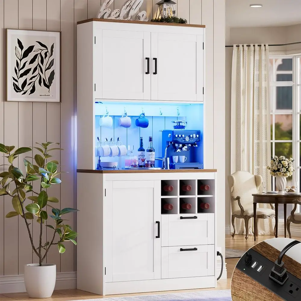 72 Tall Pantry Cabinet, Kitchen Pantry Storage Cabinet with LED Light amp Outlet, Kitchen Hutch Bar Cabinet with Microwave Stan