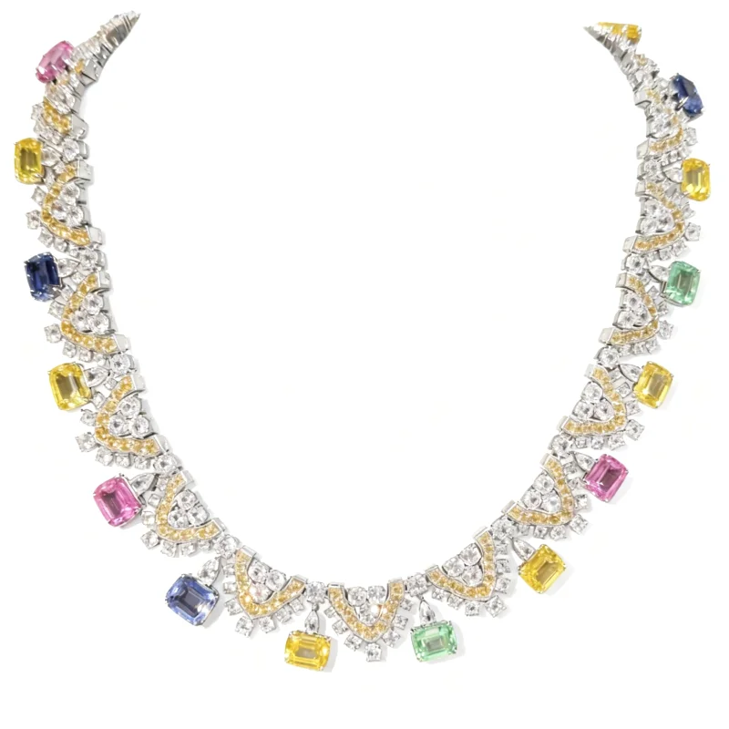 BELLUX Lab Grown Sapphire Full Diamond Rectangular Color Fashion Luxury Necklace 925 Silver Gold-plated High-end Jewelry