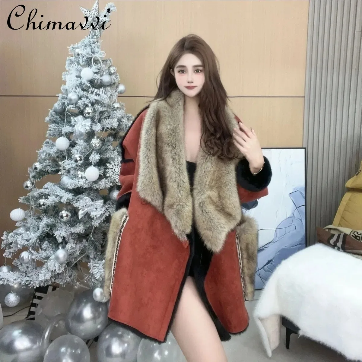 Original High-end Suede Fleece Fur Integrated Coat Women Winter New Fashion Fur Collar Loose Long Sleeve Warm Elegant Fur Jacket