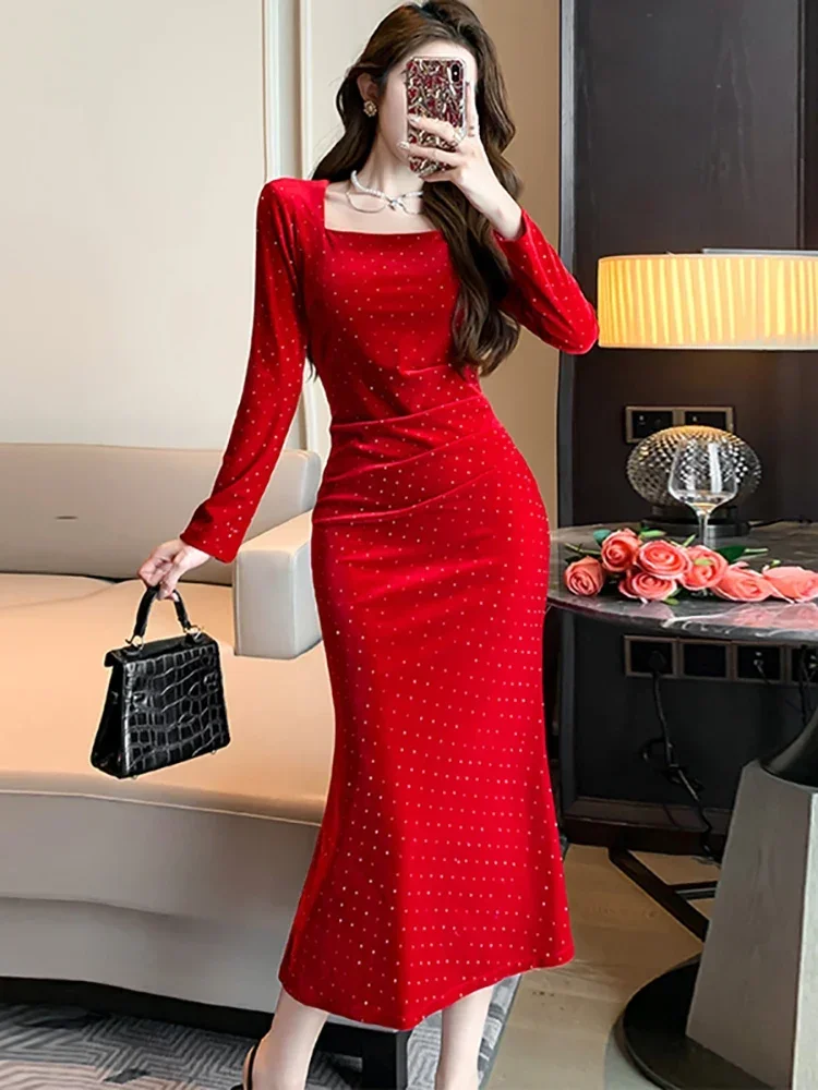 Autumn Winter Red Diamonds Velvet Luxury Prom Dress Korean Elegant Festival Party Dress for Women 2024 Fashion Bodycon Vestidos