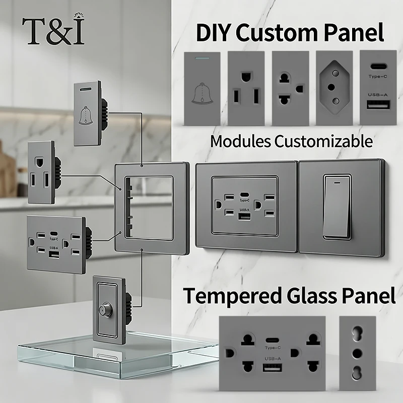 

T&I Tempered Glass Wall Plate 2x4 inch DIY Modular Type with NEMA5-15R Duplex Outlet and Combination of US/EU/Italy/Chile Socket