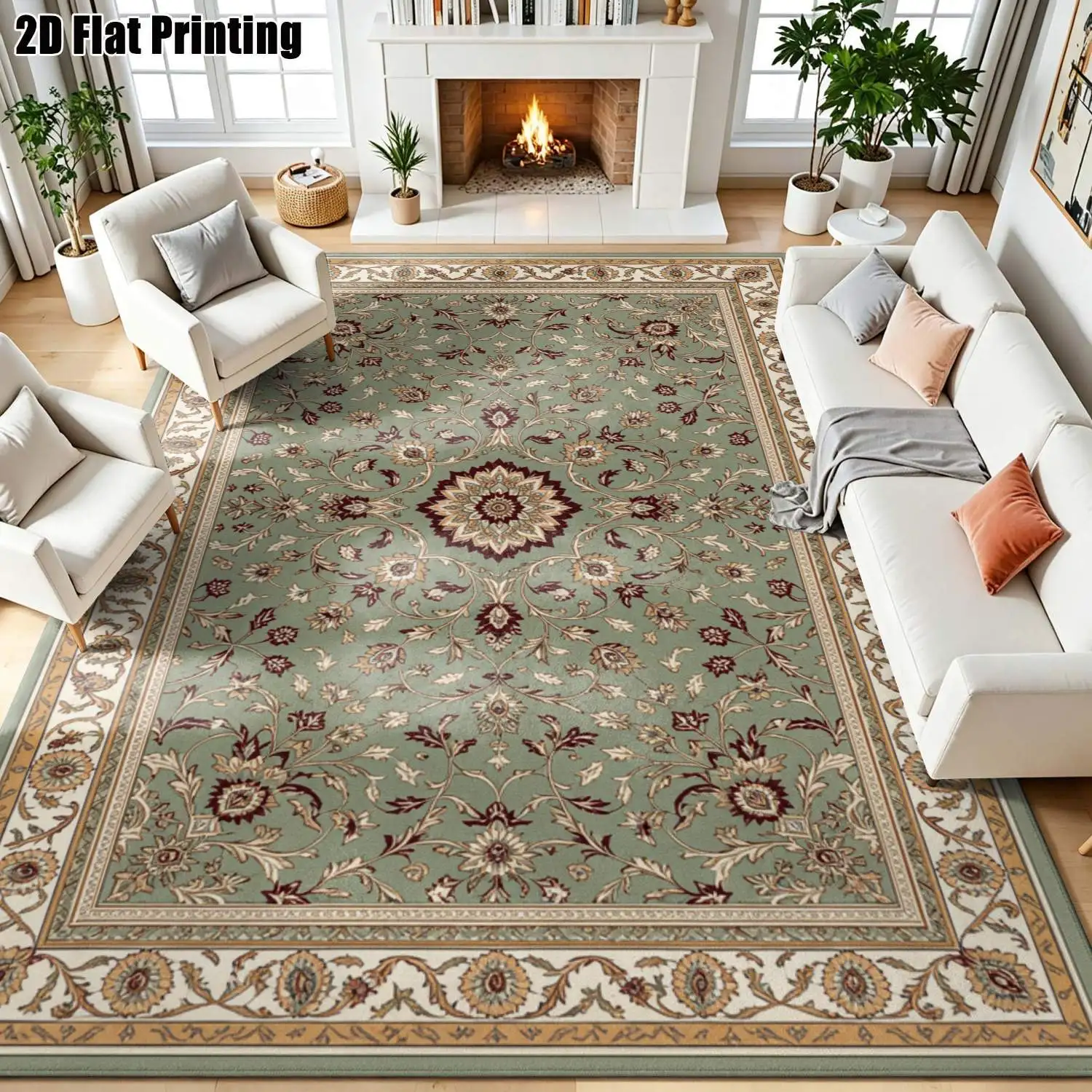 1Pc 2D Printed Carpet: Green-Grey Floral, European Vintage Geometric Striped, Machine Washable, Multi-Size, for Home Decor, Entrance/Dining/Foyer/Bedroom/Living Room