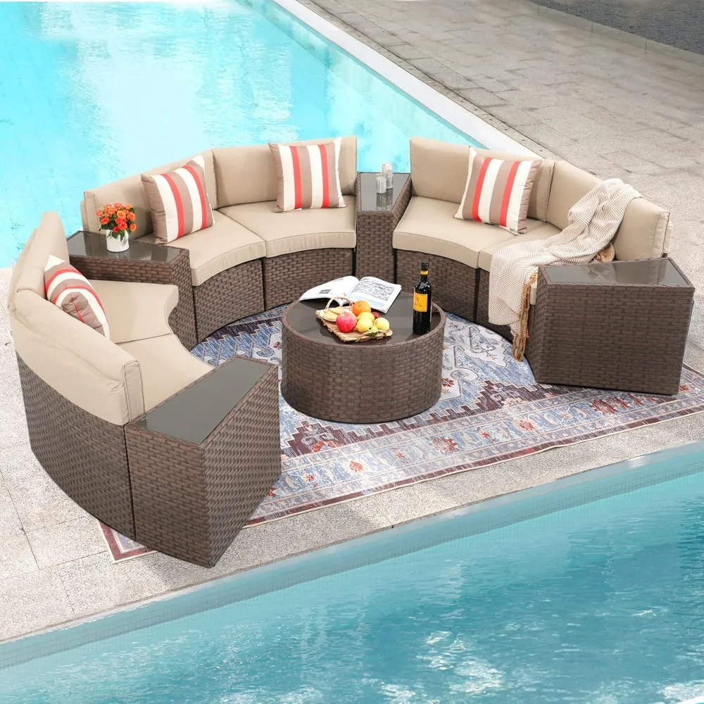 Outdoor Patio Furniture Half-Moon Sectional Round Patio Furniture Set Curved Outdoor Sofa with Tempered Glass Round Coffee Table