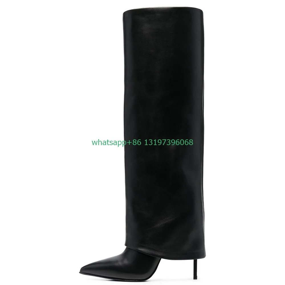 Lady denim blue design turn-over knee boots sexy pointed toe cowboy PU black jeans white office lady boots size 34-46 footwear