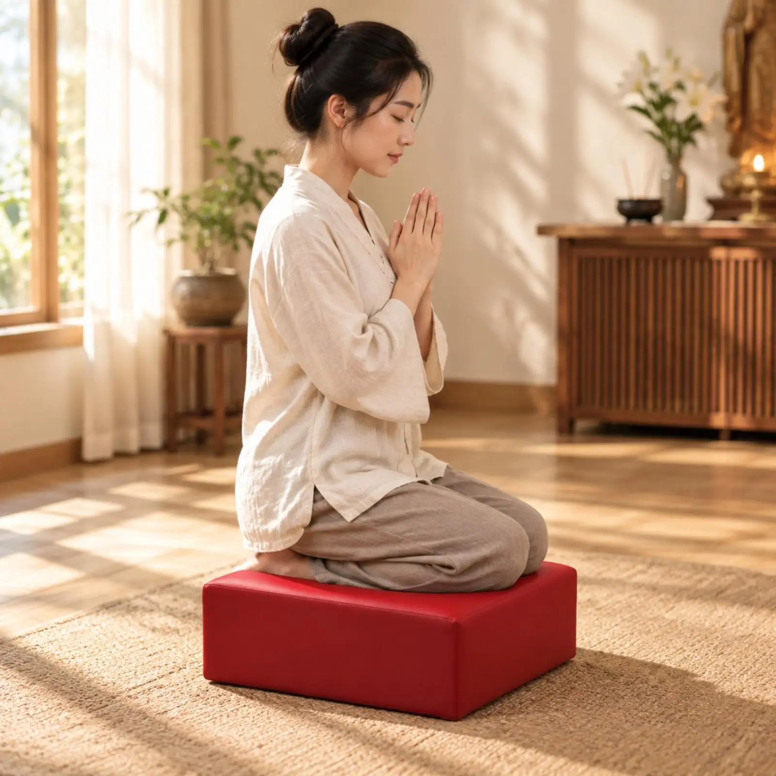 Comfortable Kneeling Chair with Wood Frame Leather for seat for Meditation Prayer and Floor Based Activities