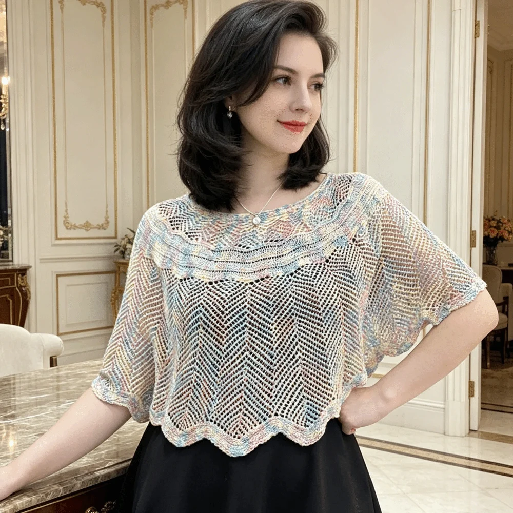 Pullover Style Crochet Shawl Detachable Collars Pearl Brooch Knitted Beach Cover-up Thin Breathable Hollow Out Shawl Women