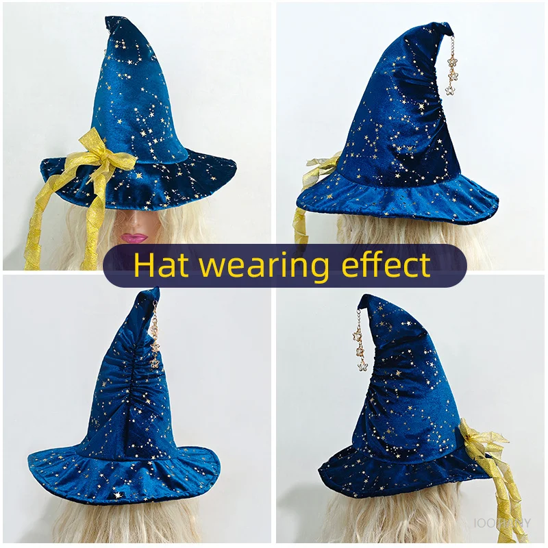 Sombrero de bruja de Halloween, sombrero de juego de rol, colgante de estrella con lazo amarillo, sombrero de bruja hecho a mano, regalo de fiesta, accesorios de disfraz de bruja de vacaciones 2025