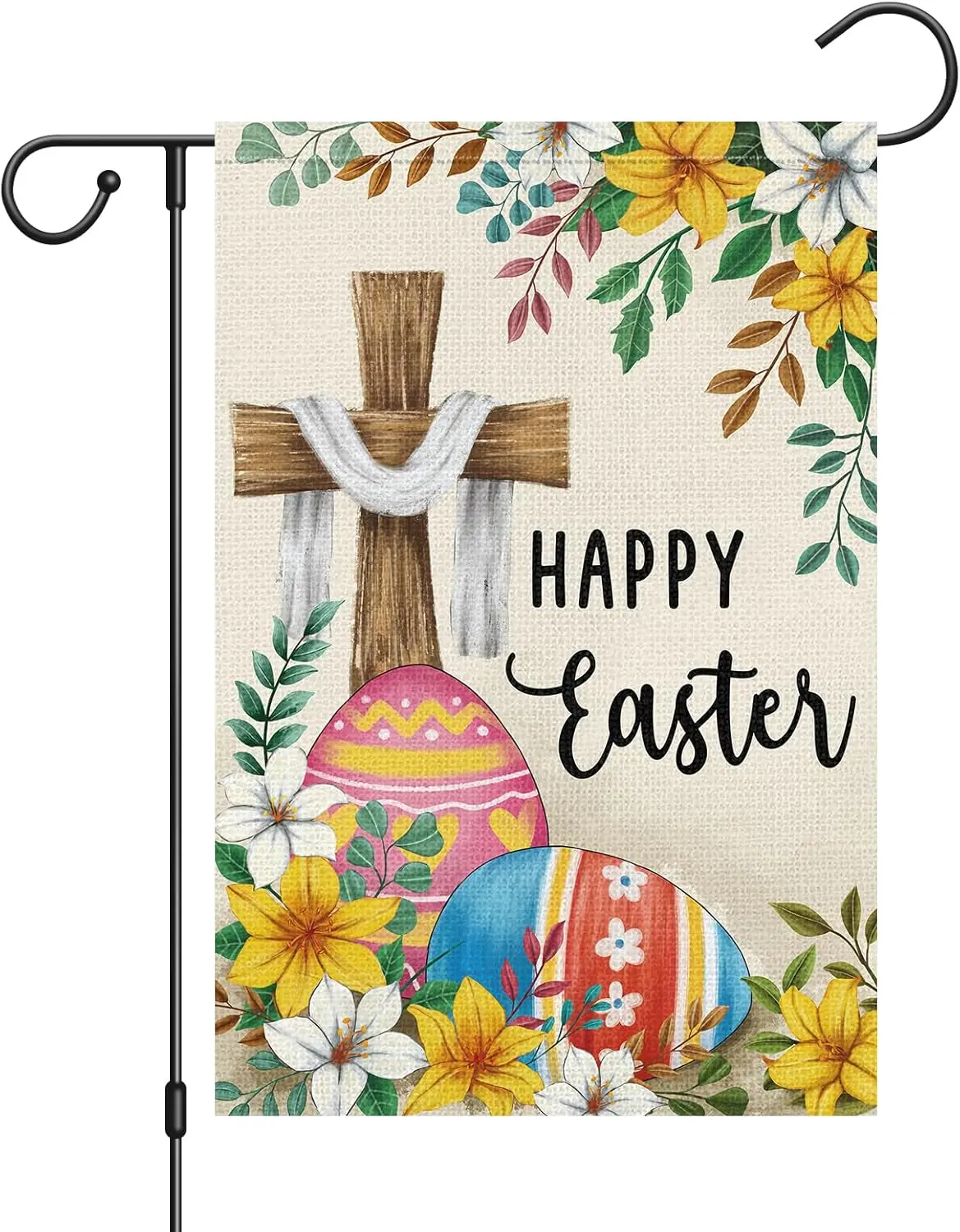 Happy Easter Cross Garden Flag 12x18 Inch Double Sided Burlap Lily Easter Eggs Yard Flags Farmhouse Holiday Outdoor Decor