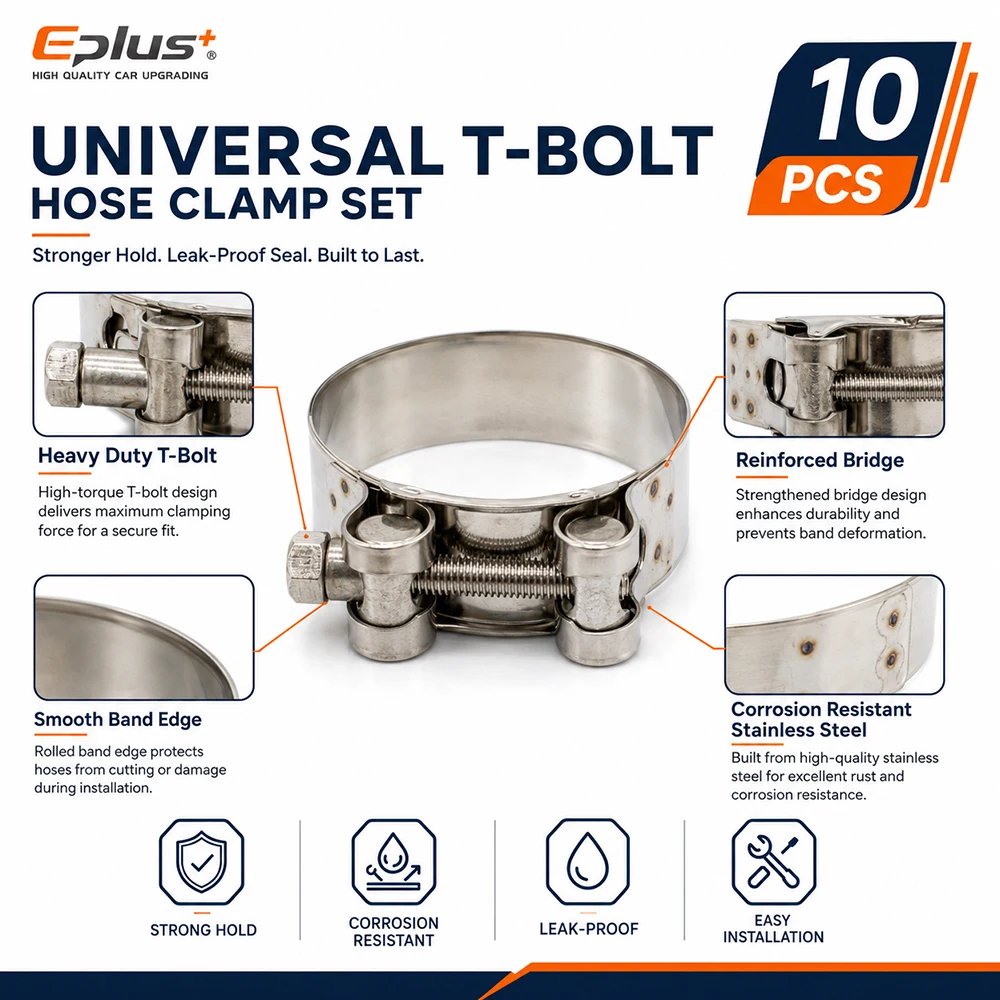 10 Stück Edelstahl Europäische Hochleistungs-Schlauchklemme Universelle T-Bolzen-Klemme 17-103mm Verstellbar für Auto, Motorrad & Industrierohre – Detail 5