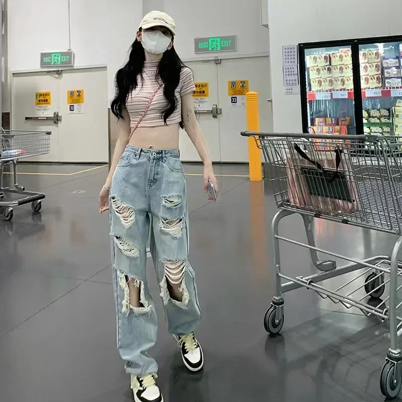 النساء هول الجينز غسلها مستقيم بنطال ذو قصة أرجل واسعة جيوب زر سستة يطير خمر الدينيم الإناث المتعثرة بنطلون الشارع الشهير