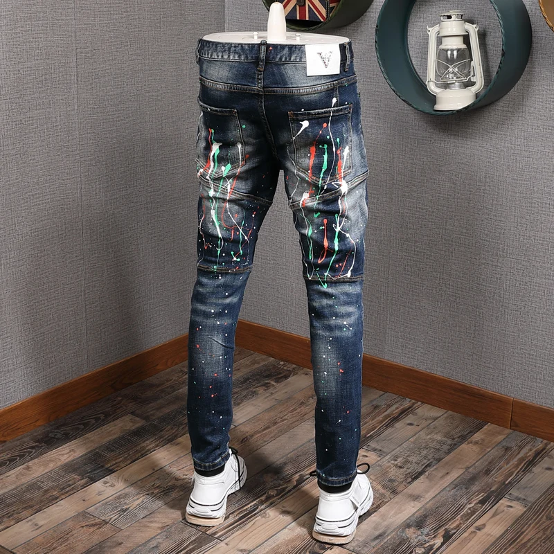 Fashion Streetwear Men Jeans Retro Dark Blue Elastic Slim Fit Ripped Biker Jeans Homme Painted Designer Hip Hop Denim Pants Men