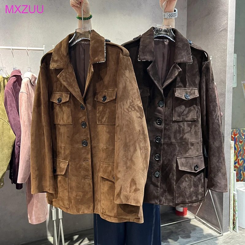 High-Grade Sense Leather Coat Autumn Winter Women New Brown Vintage Pocket Medium to Long Straight Slim Sheepskin Suede Jackets