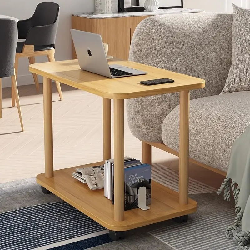 Vintage Wooden Side Table Mobile Retro Nightstand Living Room Bedroom Storage Cart with Wheels