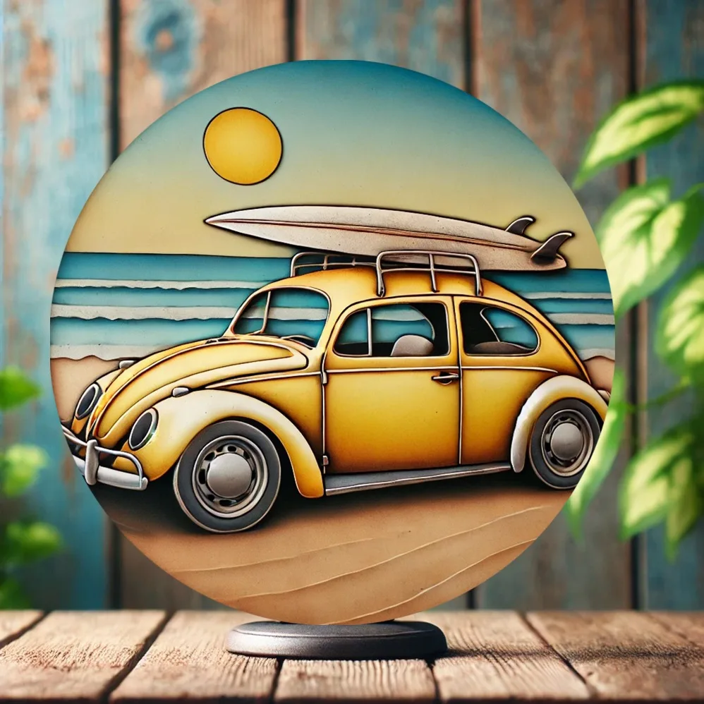 

Room Decor ,1960s Yellow Beetle with Beach Theme, 2D Print, Room Decor, Home Decor, Bar Decor, Cafe Decor