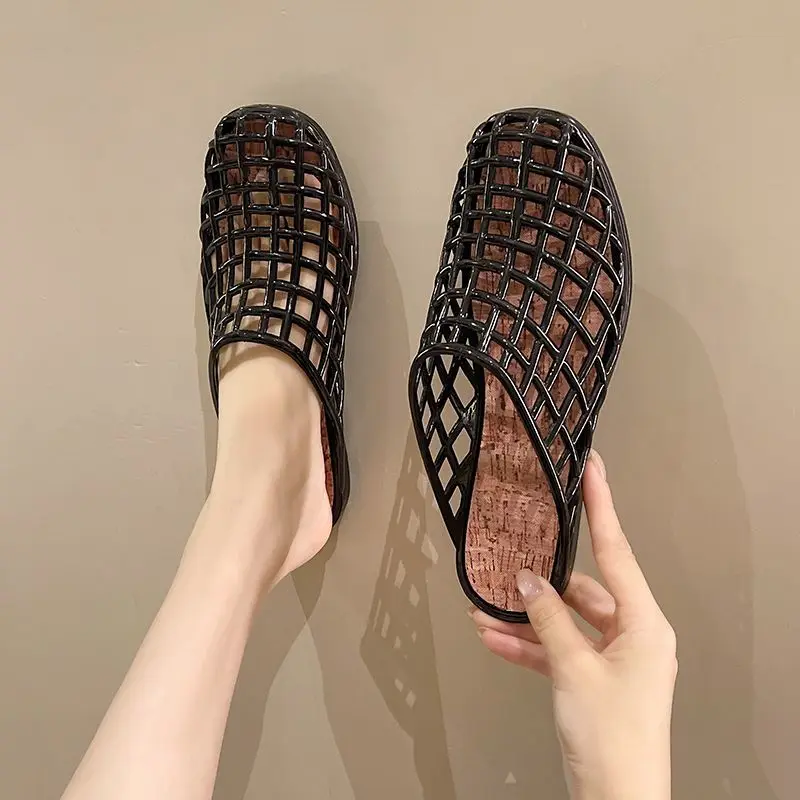 

Женские дышащие сандалии-слипоны с вырезами, в римском стиле, с кристаллами, модные летние шлепанцы для улицы, на плоской подошве