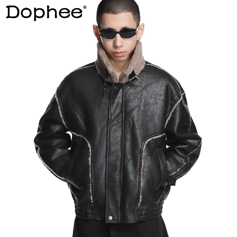 

2025 Autumn Winter Warm Loose Faux Leather Jackets Fashion American Style Retro Fleece Lined Thickened Stand Collar Leather Coat