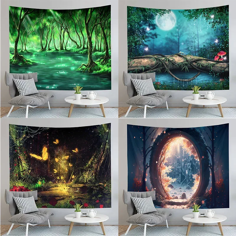 Fairy Tale Forest Tapestry Full Moon Night  Red Mushroom  Living Room Bedroom Dormitory