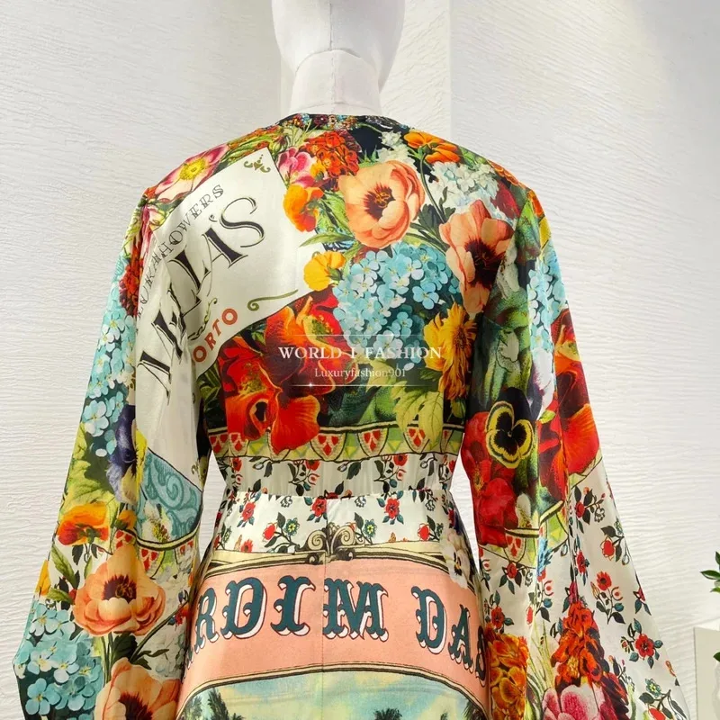 Pure Silk Mixed Color 2025 New High Quality Women Holiday Floral Print Full Lantern Sleeve Midi Mermaid Dress