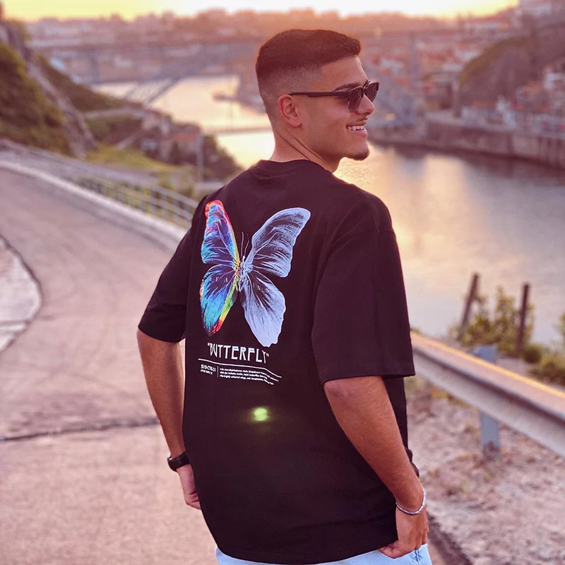 Hip Hop Oversize T Shirt Men  Streetwear Harajuku Color Butterfly Tshirt Short Sleeve Cotton Loose HipHop T-Shirt Plus Size