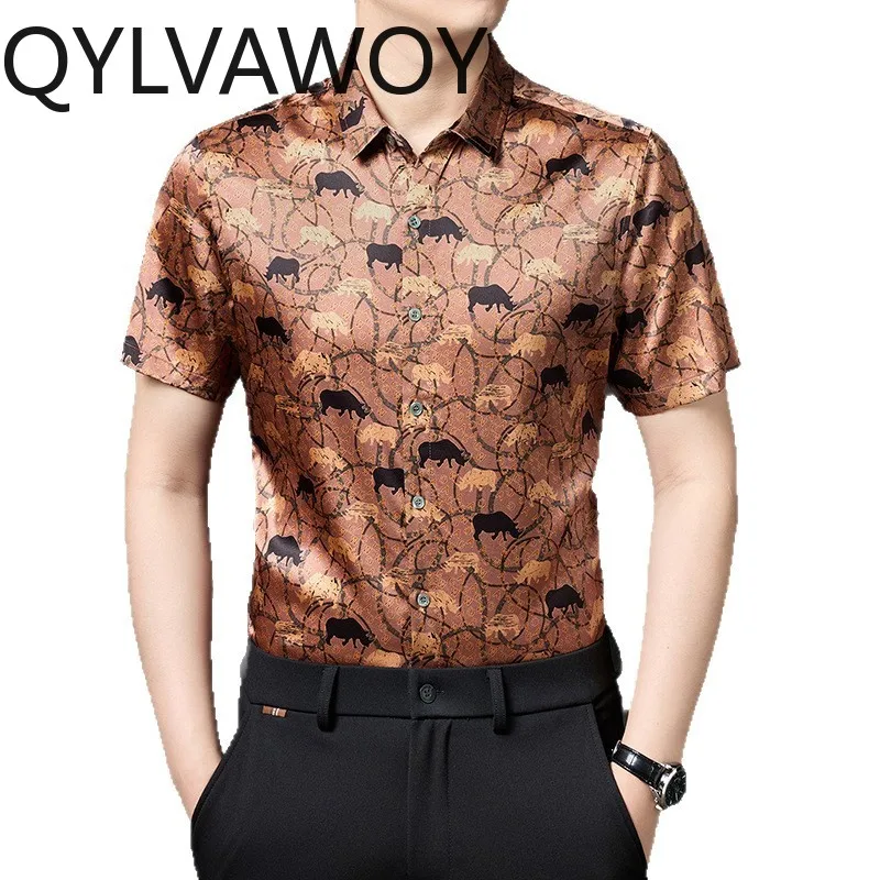 

QYLVAWOY 90% Mulberry Silk Men's Shirts Floral Shirt Thin Short Sleeve Summer Shirts for Man Clothing Loose Camisas Business