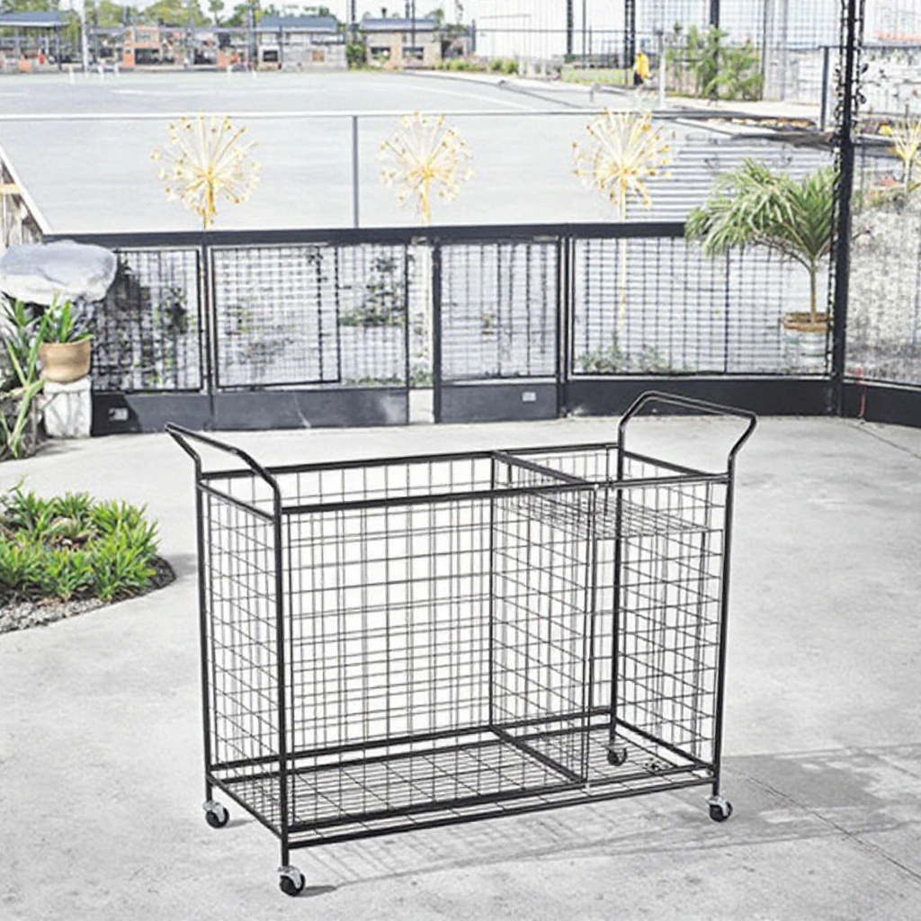

Sports Equipment Rolling Metal Rack DIY Garage Storage Mesh Bin Holder for Soccer Volleyball Basketball with Brake Brackets
