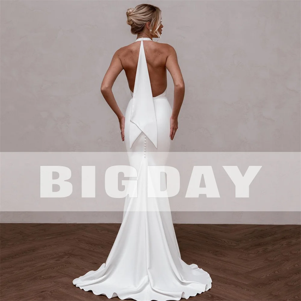 Elegant Mermaid Wedding Dress 2024 V-Neck Halter Open Back Satin Simple Buttons Pleat Bridal Gown Sweep Train Vestidos De Noiva