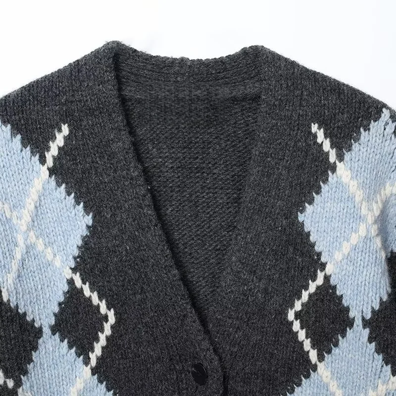 2025 Giacca cardigan abbottonata con scollo a V lavorato a maglia con motivo a diamante allentato retrò moda stile pigro delle nuove donne invernali