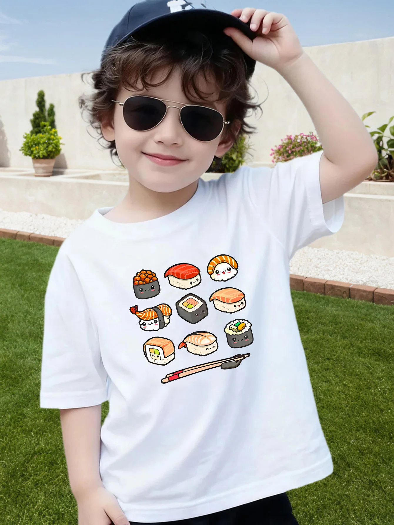 Lovely Kawaii Sushi Cartoon Print Boys Girls Family Matching Cotton Short Sleeve Summer Crew Neck Soft Kids Daily Casual Tees