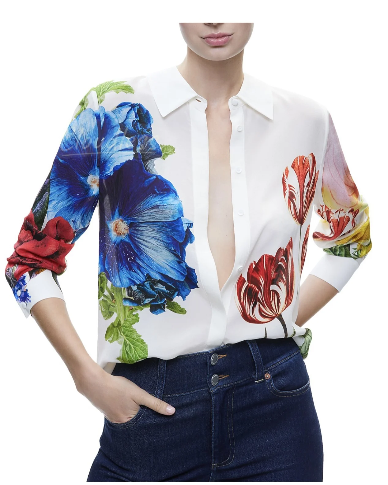 

Positioning Flower Printing Women Fashion Shirt Single Breasted Long Sleeve Turn-down Collar Elegant Ladies 100% Silk Blouse