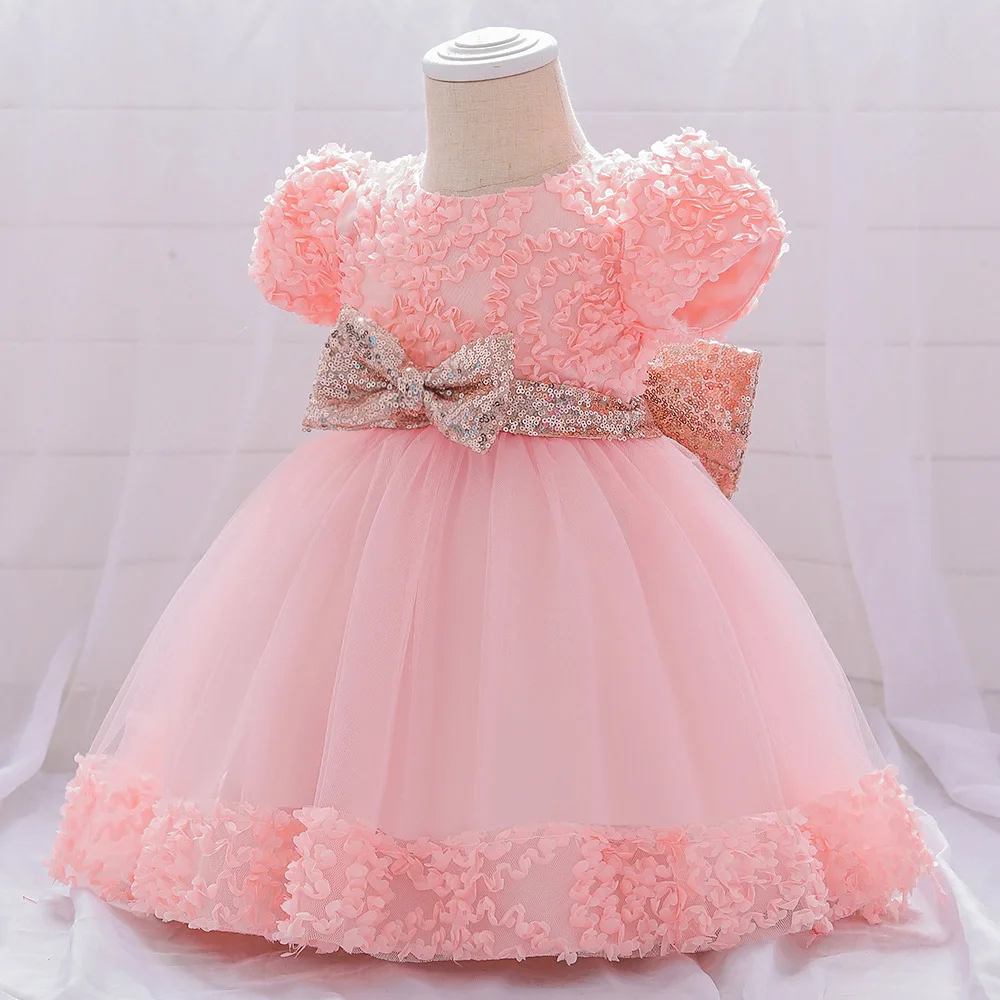 New Toddler 6M12M24M Girls Birthday Solid Color Tail Dress Children\'s Party Dress Princess Rose Flower Dress Girl Baby Bow Dress