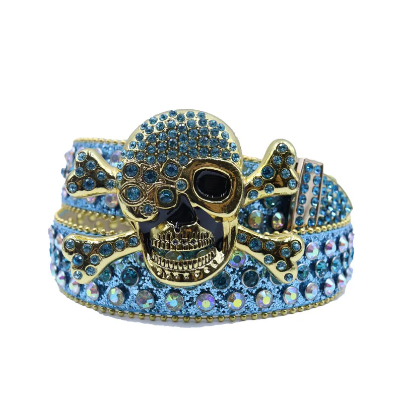 New Punk Western Big Skull Sparkly Men Women Leather Belt Bling Diamond Rhinestone Belt