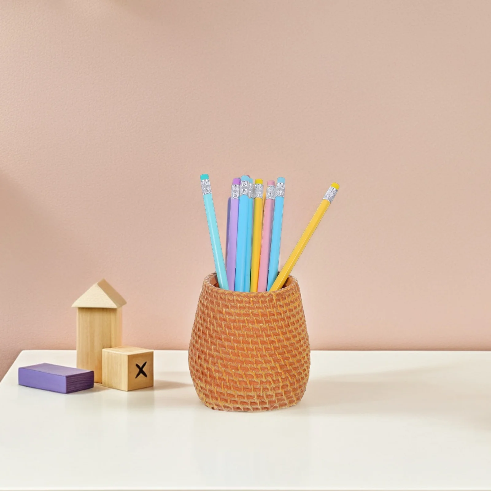 Simulated Rattan Pen Holder Small Desktop Organizer Flower Vase Pencil Cup Makeup Brush Holder Plastic Office Home Use