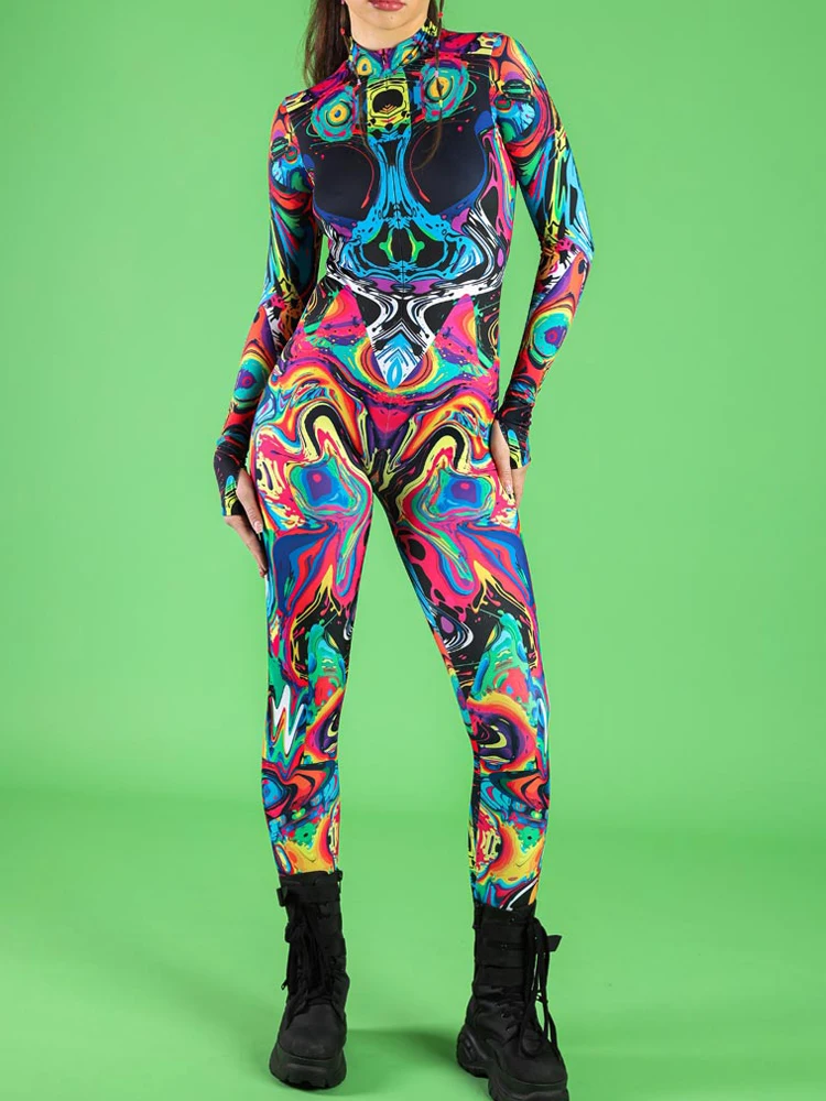 

Various Halloween Colorful Wave Pattern Women's Bodysuit Jumpsuits Tights Slim Fit Role Playing Carnival Party Masquerade Outfit