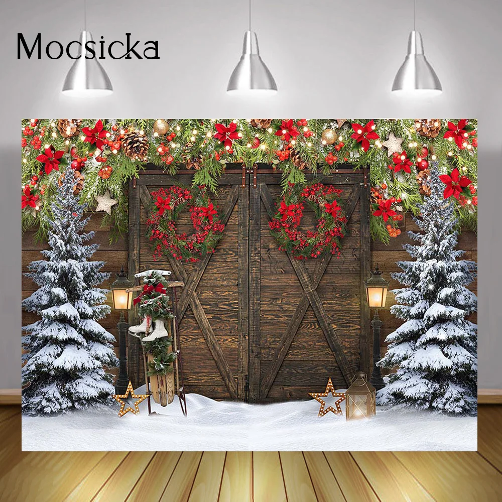 Rustic Wooden Door Backdrop for Winter Christmas Trees Red Flowers Wreath Snow Portrait Background Outdoor Skiing Party Supplies