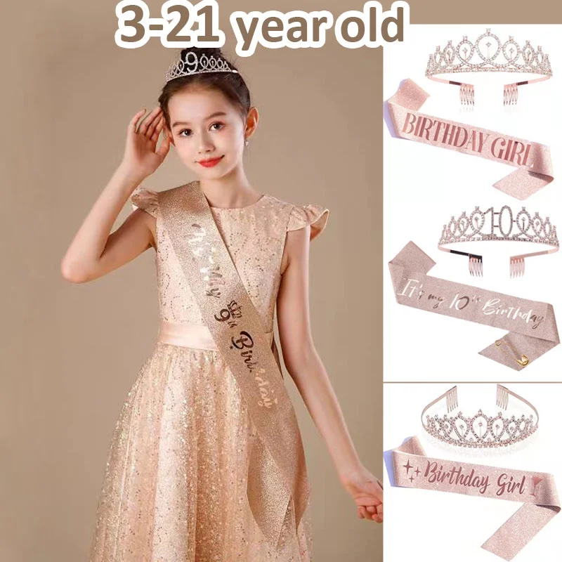 3 4 5 6 7 8 9 10 13 15 16 18 21 Birthday Sash Queen Satin Ribbon Sash+grown For Girl Happy Birthday Party Decorations Supplies