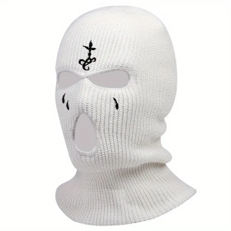 Cross Embroidery Ski Mask Winter Balaclava Hat 3-Hole Knitted Full Face Cover Neck Gaiter Warm Beanie for Outdoor Sport