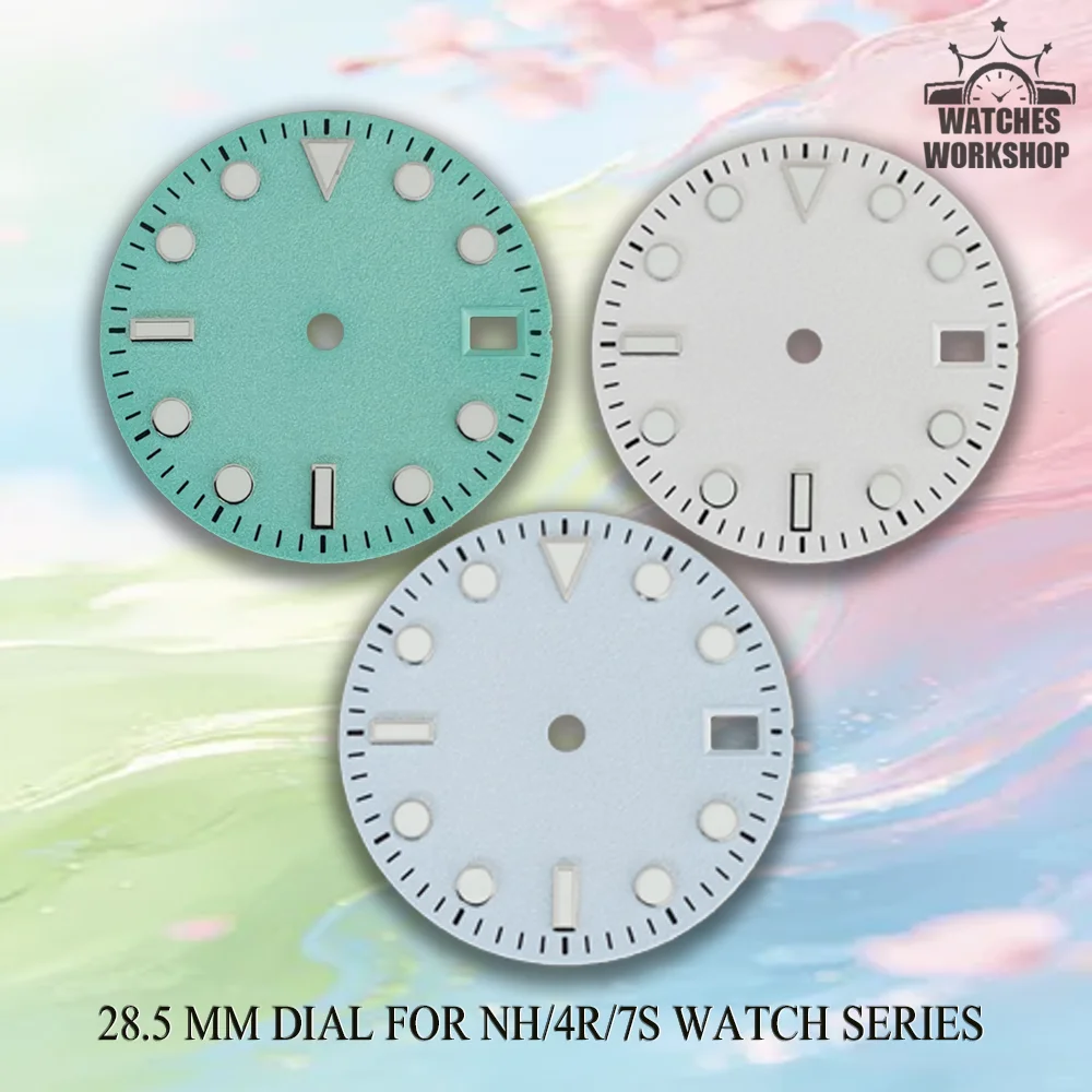 28.5mm Watch Dial Triangle Marker Date Window Green Luminous Fit NH35 NH36 4R 7S Mechanical Watch Replacement Accessories